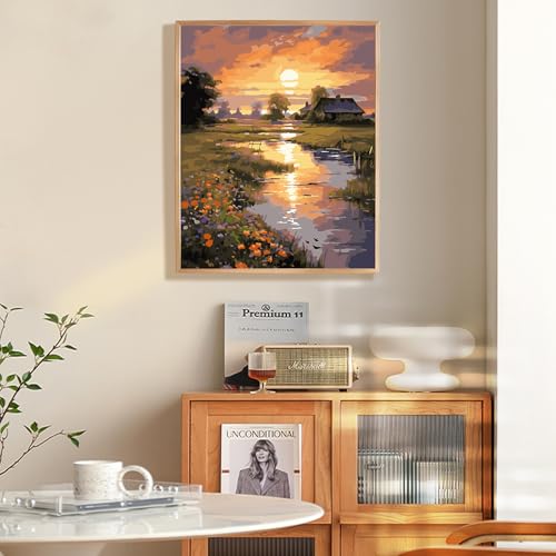 Fountor Paint by Numbers Kit for Adults Beginner, Countryside Sunset Adult Paint by Number Kits on Canvas Without Frame, Riverside Cabin Oil Paint by Numbers for Home Decor Gift 16” W x 20”L - color: LOP829, size: Frameless