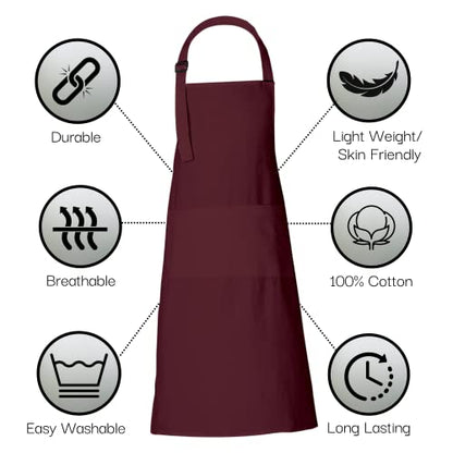 RAJRANG 100% Cotton Cooking Apron with 3 Pockets Kitchen Chef BBQ Adjustable Bib Aprons for Women Men - color: Tawny Port Maroon