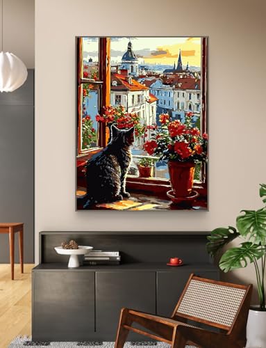 ZRIZQ Paint by Numbers Kit for Adults Beginner,Cityscape Cat,16x20 - color: 16"X20"Rolled Canvas(Frameless)-Cityscape Cat
