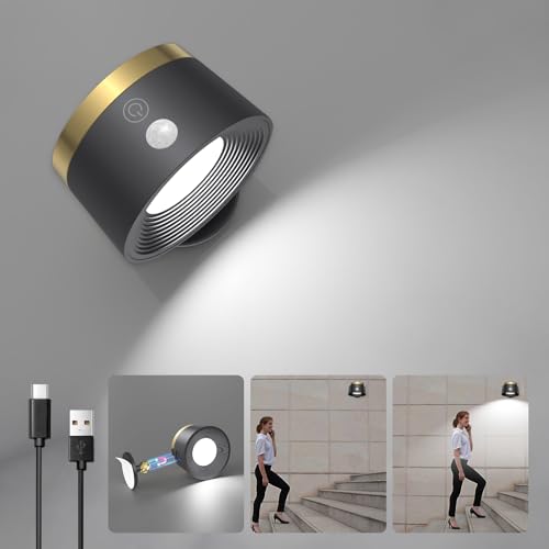 Motion Sensor Wall Light Indoor, 3500mAh Rechargeable Battery Operated LED Wall Light, Wall Lamp Wireless with 360 ° Rotation, 3 Color Temperatures for Bedroom, Study, Corridor, Picture - color: Black, size: 1 PC