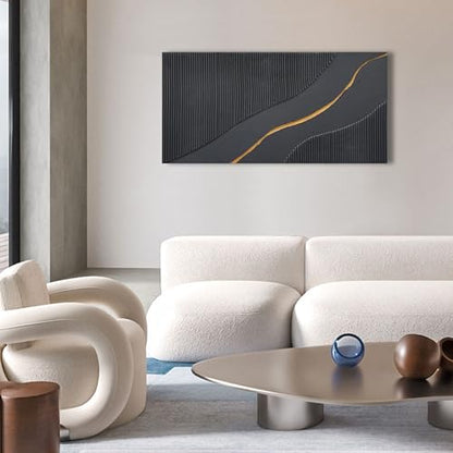 NANKAI Art Hand Painted Black and Gold Texture Minimalist Oil Painting 24x48 inch Home wall Deco Art Painting - color: Nkhb304