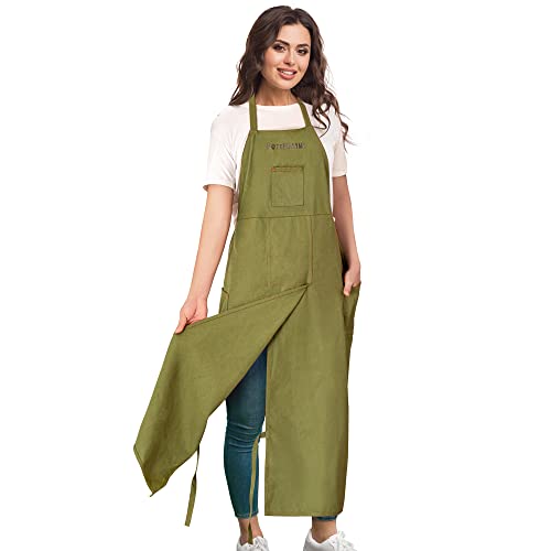 Full Coverage Pottery Apron Split Leg - 100% Cotton Canvas Potter's & Ceramics Aprons with Pockets for Women & Men - color: Green