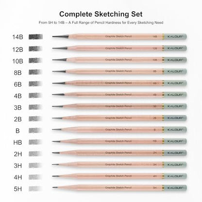 KALOUR 18-Piece Professional Sketch Pencil Set - Includes 5H to 14B Pencils, Vinyl Eraser, Kneaded Eraser,Sharpener and Paper Blending Stump - Ideal for Artists and Beginners