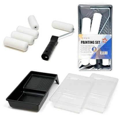Allgala Foam Paint Roller Kit, 9 Pack 4 inch Mini High Density Foam Paint Roller Covers, Frame, Tray, for Trim Wall Funiture Doors Cabinets, Cupboards - size: 4" Foam (9 PC Set)