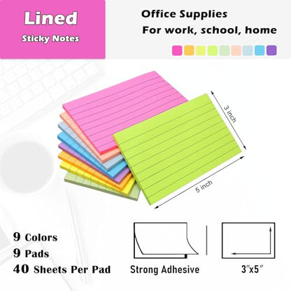 HQCME 9 Pack Lined Sticky Notes 3x5 in Large Memo Note Pads | 9 Bright Colors, Super Sticking Power, Sticky Notes 3x5 Big Self-Sticky Note Pads Its, School Supplies and Oﬃce Supplies - size: 3x5 in