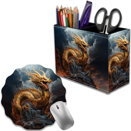 Pen Holder for Desk, PU Leather Multifunctional Desktop Storage Box and Anti-Slip Mouse Pad Set, Makeup Brush Holder Pen Organizer for Office and Home - Golden Dragon - color: Golden Dragon