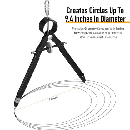 EBOOT Student Geometry Math Set, Metal Drawing Compass and 6 Inch Clear Swing Arm Protractors 180 Degree Math Protractor(Black) - color: Black
