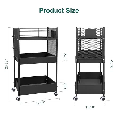 3 Tier Rolling Storage Cart Metal Utility Cart with Wheels | Office Organizer with Hooks & Hanging Cups, Mobile Shelving Unit for Kitchen Nursery Craft Snack Book - color: Matte Black