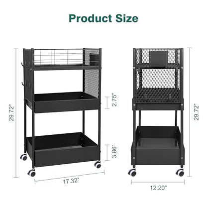 3 Tier Rolling Storage Cart Metal Utility Cart with Wheels | Office Organizer with Hooks & Hanging Cups, Mobile Shelving Unit for Kitchen Nursery Craft Snack Book - color: Matte Black