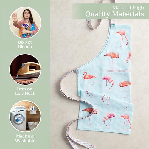 Maison d' Hermine Aprons for women with Pocket 100% Cotton (27.50"x31.50") | Adjustable Neck Strap & long ties Apron Men Chef Wedding Cooking Gardening Server Maid - color: 040 - Flamingo Love