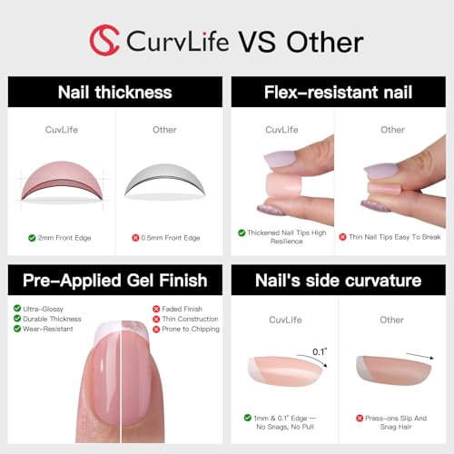 CurvLife Medium Coffin Chrome Press On Nails, Rose Mirror Gold Pink | 32PCS 16 Sizes, Salon-Quality Natural Fake Nails, Curved Fit, 7-14 Day Glue-On Wear, Reusable Stick-On Nails, Press-On Kit - color: Pink glitter