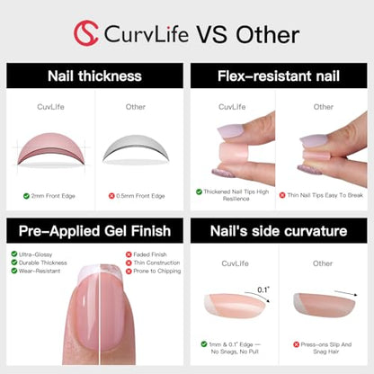 CurvLife Medium Coffin Chrome Press On Nails, Rose Mirror Gold Pink | 32PCS 16 Sizes, Salon-Quality Natural Fake Nails, Curved Fit, 7-14 Day Glue-On Wear, Reusable Stick-On Nails, Press-On Kit - color: Pink glitter