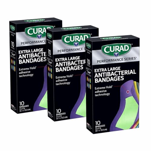 CURAD® Performance Series® Extra Large Antibacterial Bandages, 30 Count | 2 in x 4 in Flexible Fabric Bandages for Cuts, Scrapes & Burns, Assorted Colors, Extreme Hold Adhesive Technology, 3 Boxes - size: 10 Count (Pack of 3)