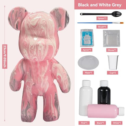 YONXID DIY Fluid Bear Painting Kit - Fluid Art Pour Paint Bear Set - Full Drip Paint Bears Kit with Spill Tray & Apron for Family Activity, Date Night, and Holiday Gifts, 9.05 Inches, Black+White+Pink - color: Black+White+Pink(Easy DIY)