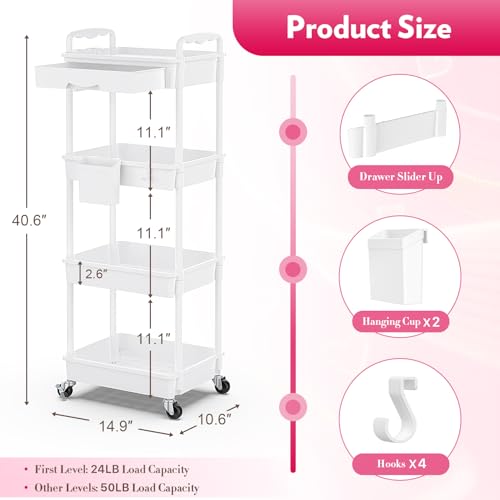 SUNALLY Makeup Cart Organizer with Drawer,4 Tier Rolling Makeup Cart, White - color: White, size: 4 Tier