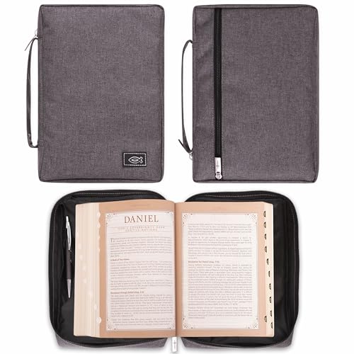 Christian Art Gifts Men & Women’s Bible Cover – Gray Canvas, Large Size with Jesus Fish Symbol – Durable, Inspirational Scripture Case with Zipper Closure, Handle, Pen Loop & Storage Pockets - color: Gray/Jesus Fish, size: Large