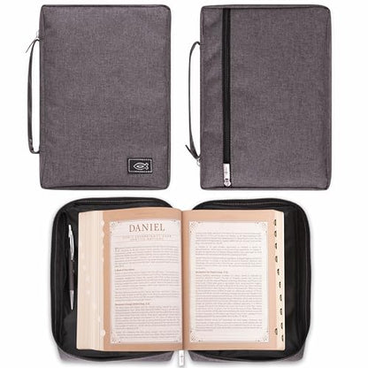 Christian Art Gifts Men & Women’s Bible Cover – Gray Canvas, Large Size with Jesus Fish Symbol – Durable, Inspirational Scripture Case with Zipper Closure, Handle, Pen Loop & Storage Pockets - color: Gray/Jesus Fish, size: Large