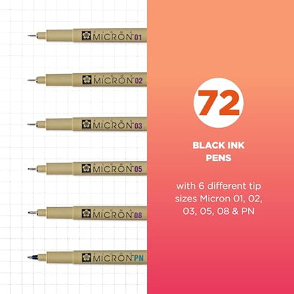 SAKURA Pigma Micron Black Ink Multi-tip Set, 72 Pen Count | Archival Black Ink Pens for Writing, Illustration & Journaling, Great for Artists, Crafters & DIY Gift Projects - size: 72 Count (Pack of 1)