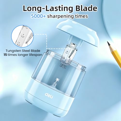 deli Electric Pencil Sharpener, Battery Operated, 6.5–8mm for Classroom | Battery Electric Pencil Sharpener, Durable Blade 5000+ Sharpen, Fits 6.5-8mm Pencils Classroom Kids Home - color: Blue