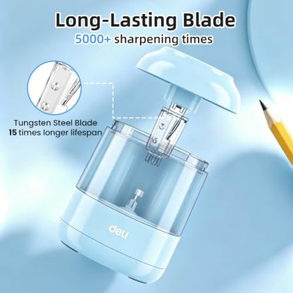 deli Electric Pencil Sharpener, Battery Operated, 6.5–8mm for Classroom | Battery Electric Pencil Sharpener, Durable Blade 5000+ Sharpen, Fits 6.5-8mm Pencils Classroom Kids Home - color: Blue