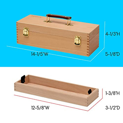 MEEDEN Medium Art Supply Storage Box - Multi-Function Solid Beech Wooden Chest/Art Tool Box with Lift Out Trays for Paint Brush, Pencil, Pastel, and More Art Supplies 14-1/5"W × 5-1/8"D × 4-1/3"H - size: Small