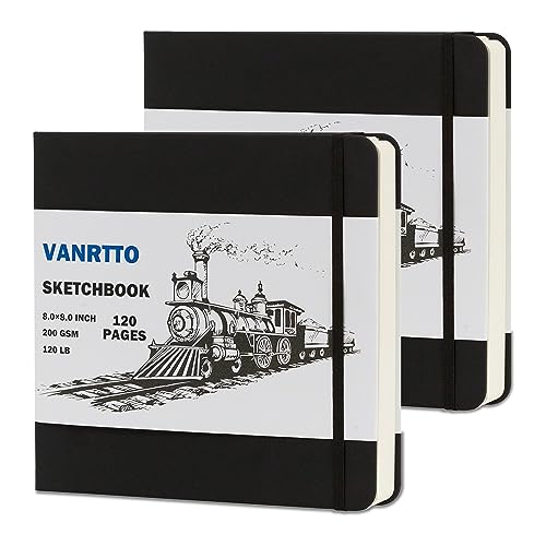 Vanrtto Hardcover Sketch Book, Square Mixed Media Sketchbook 8x8 in 2 Pack | Hardcover Square Sketch Book 120LB/200GSM Drawing Paper, 240 Pages/120 Sheets Sketch Pad for Adults, Mixed Media Sketchbook - size: 8x8 INCH 2 PACK