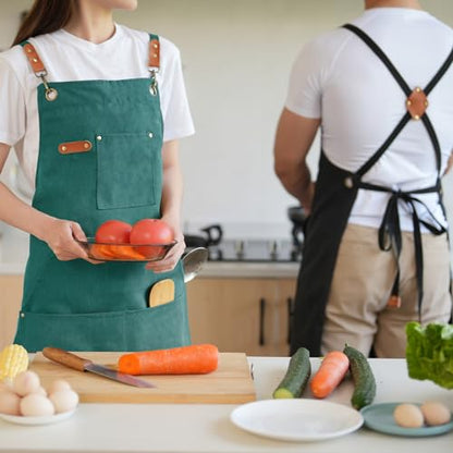 Aoomzoon Canvas Aprons for Men Chef Apron, Work Apron with Large Pockets - 16oz Heavy Duty Cross Back, BBQ, Cooking - color: Green