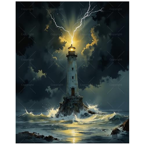 Stormy Lighthouse Paint by Numbers Kit for Adults - DIY Ocean Waves and Lightning Painting on Canvas, Acrylic Paint Set, Suitable for Beginners, Art for Home Decoration or Gifts(12X16IN Framed) - color: HSX02370, size: 12X16IN Framed