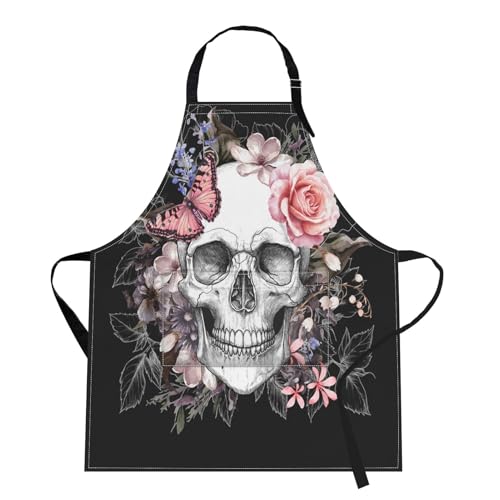 Britimes Apron with Pockets, 32x28 inch, for Women Men, Skull Rose Floral - color: Skull Flower