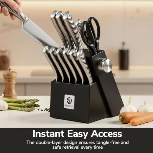 Imarku 14-Piece Japanese Gyutou Stainless Steel Knife Set with Block | 15° Precision Edge | 56±2 HRC Hardness | Full-Tang Build for Perfect Balance | Built-in Sharpener for Easy Maintenance - color: Pure Black