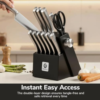 Imarku 14-Piece Japanese Gyutou Stainless Steel Knife Set with Block | 15° Precision Edge | 56±2 HRC Hardness | Full-Tang Build for Perfect Balance | Built-in Sharpener for Easy Maintenance - color: Pure Black