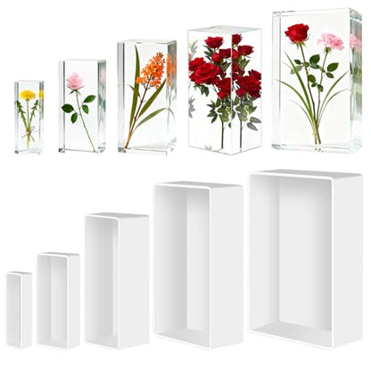 5 PCS Large Resin Molds, Rectangle Silicone Resin Molds, Deep Rectangle Epoxy Resin-Molds with Wooden Support for Flower Preservation Bookends DIY Art Home Décor
