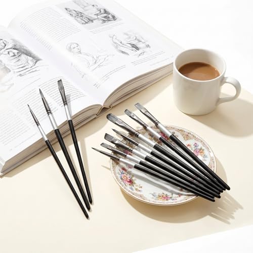 10 Pcs Flat Paint Brush Set, Synthetic Nylon Hair Art Brushes for Acrylic Watercolor Oil Gouache, Detail Face Body Craft Painting, Artist Kit with Wooden Handle for Beginners Adults