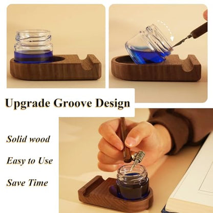 Upgrade Wooden Tilting Calligraphy Pen Holder Set Calligraphy Oblique Pen Holder Stand with Ink Bottle Container Desktop Tabel Decoration