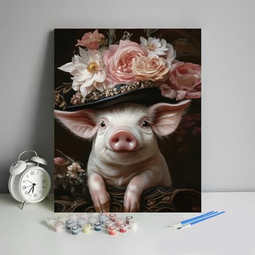 DIY Adult Paint by Number Kits on Canvas, Noble Little Pig Adult Paint by Numbers Kits, A Pig Wearing a Flower Hat Painting-by-Numbers, Color by Number Canvas Art Crafts Home Decor, 16 x20 Inch - color: Color-3