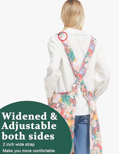 Cozy Adjustable Cross Back Aprons for Women with Pockets Cotton Linen Cooking Kitchen Baking - color: Flourishing Splendid
