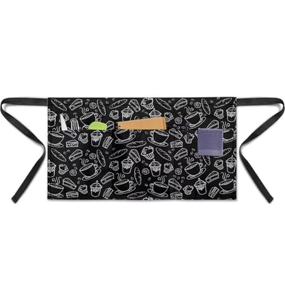 Waist Apron with 3 Pockets Waterproof 13 Inch Short Half Waist Aprons Women Men Server Aprons Waitress Waiter Apron - color: Food Print
