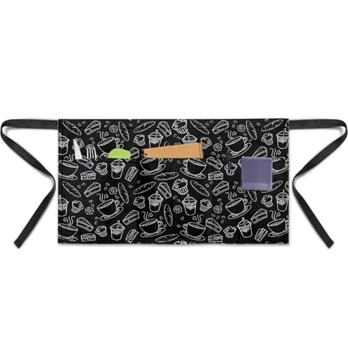 Waist Apron with 3 Pockets Waterproof 13 Inch Short Half Waist Aprons Women Men Server Aprons Waitress Waiter Apron - color: Food Print