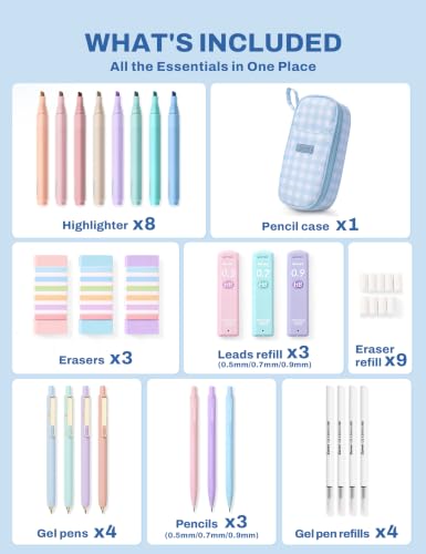SUNEE Pencil Case with Supplies, 35PCS Aesthetic Stationery Set with Pastel Highlighters, Black Gel Pens, Mechanical Pencils & Refills, College School Supplies for Students Girls Blue Checkered - color: Blue Checkered, style: 35 Pack