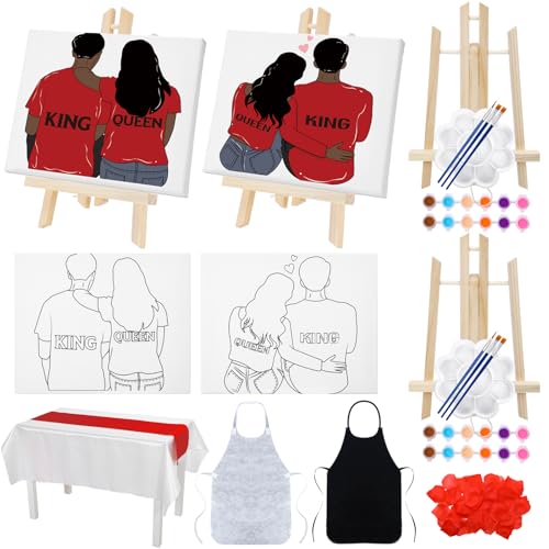 Zhanmai 2 Pack Sip and Paint Kit for Couples Date Night | 8 x 10 Inch, Pre Drawn Canvas King Queen, Paint Party Supplies, Romantic Adult Activity, Includes Easels Aprons Brushes Set - size: 8 x 10 Inch, style: Couple