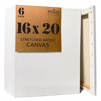 milo Stretched Artist Canvas, 16x20 inch, Value Pack of 6, Blank White | Primed & Ready-to-Paint Art Painting Supplies for Acrylic, Oil, Mixed Wet Media, & Pouring, 100% Cotton with Pine Wood Frame - size: 16" x 20"