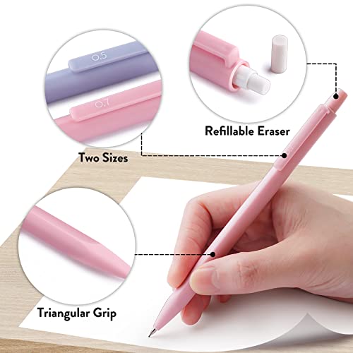 Four Candies Cute Mechanical Pencil Set, 6-Pack 0.5/0.7mm | 360 Lead Refills, 3 Erasers, 9 Eraser Refills, Storage Case, Back to School Supplies for Girls, Pastel Aesthetic Stationery - style: 0.5mm + 0.7mm