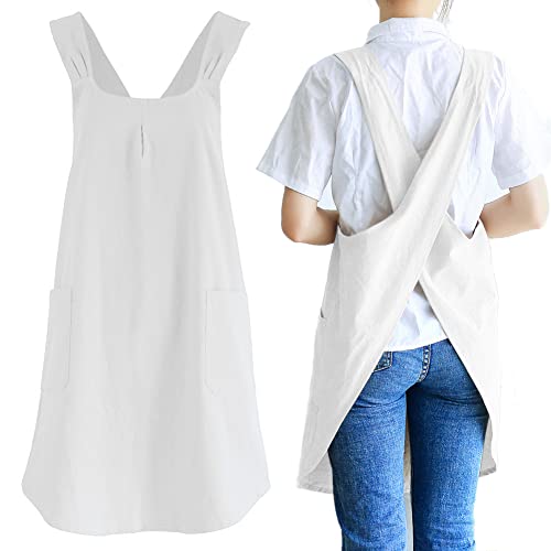 NEWGEM Japanese Cotton Linen Cross Back Cooking Apron for Women Men with Pockets Cute for Baking Kitchen - color: 11 - Women's White