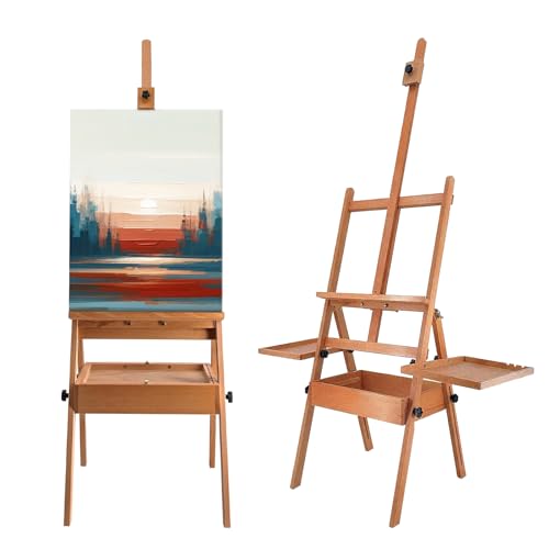 Large Beech Wood Painting Easel H-Frame, Drawer with 2 Palettes - color: Wooden Max