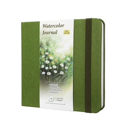 TX Liteart Watercolor Sketchbook, 5.5" x 5.5", 300 GSM Cold Press, Cotton | Green, 24 Sheets, 48 Pages. Pure Cotton, 140Lb Heavyweight Pad For Mixed Media, Watercolor Journal for Travel Sketching