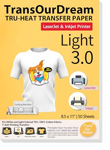 TransOurDream Tru-Heat Transfer Paper for Inkjet & LaserJet Printer (50 Sheets 8.5x11, 3.0) Printable HTV Heat Transfer Vinyl for T Shirts Iron on Transfers for Light Fabrics (L3-50) - color: Light, size: 50 Sheets