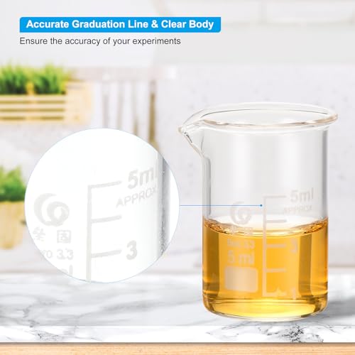 PATIKIL 5ml Low Form Glass Beaker, 4Pcs 3.3 Borosilicate Glass Beakers Graduated Measuring Cup with Spout for Lab Experiment, Cooking and Baking, Clear - size: 5ml