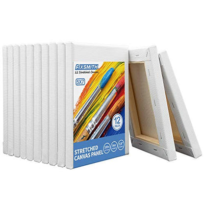 FIXSMITH Stretched White Blank Canvas- 5x7 Inch,Bulk Pack of 12,Primed,100% Cotton,5/8 Inch Profile of Super Value Pack for Acrylics,Oils & Other Painting Media. - size: 5"x7"-12Pack