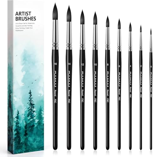 Watercolor Brushes Professional, Fuumuui 9Pcs Synthetic Squirrel Paint Brush Set for Adults Round Pointed Detail to Mop for Watercolor Gouache Acrylic Ink Painting - color: Black-9pcs