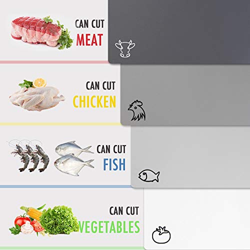 Fotouzy Plastic Cutting Boards with Food Icons, Set of 4, Flexible Cutting Mats with Hole, BPA-Free, Non-Slip and Dishwasher Safe, Modern Neutral Colors - color: Gray
